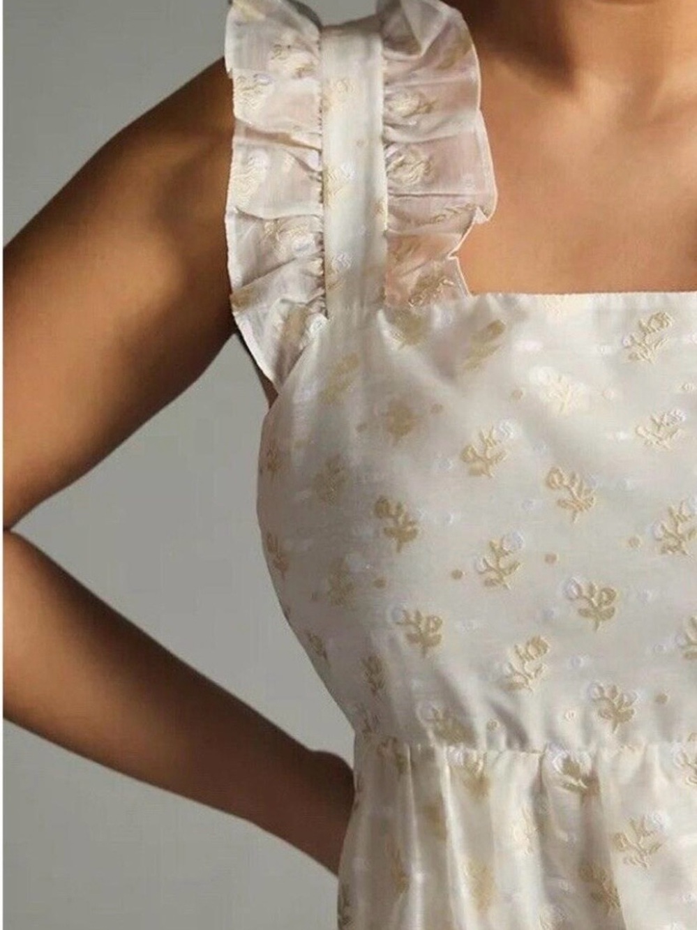 English Factory White Floral Jacquard Ruffle Mini Dress XS Pockets Cottagecore - Picture 4 of 5